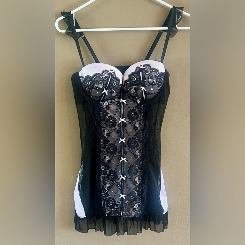 Be Wicked Vintage-Style Lace Corset Babydoll Bustier Pink Bows and Garter Hooks